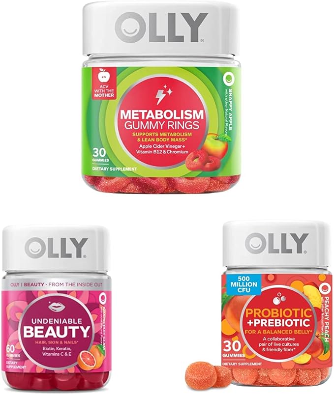 OLLY Metabolism Gummy Rings 30 Count &amp Undeniable Beauty Gummy 60 Count &amp Probiotic + Prebiotic Gummy 30 Count