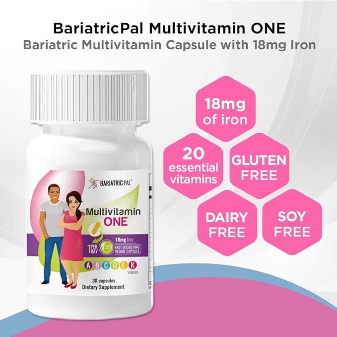 BariatricPal 30-Day Bariatric Vitamin Bundle (Multivitamin ONE 1 per Day! Capsule with 18mg Iron and Calcium Citrate Soft Chews 500mg with Probiotics - Blue Raspberry)