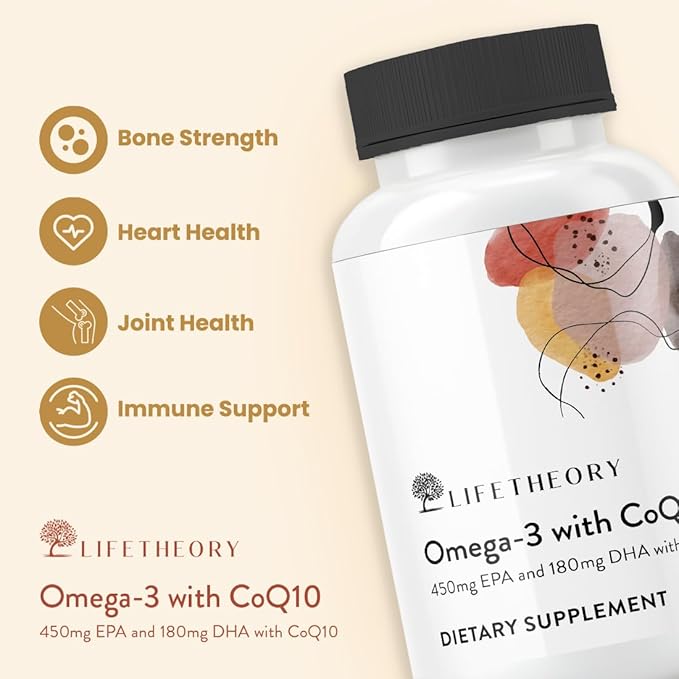 LIFETHEORY Omega-3 with CoQ10 | 450mg EPA &amp 180mg DHA per Serving | Fish Oil Dietary Supplement | with Coenzyme Q10 | 90 Softgels