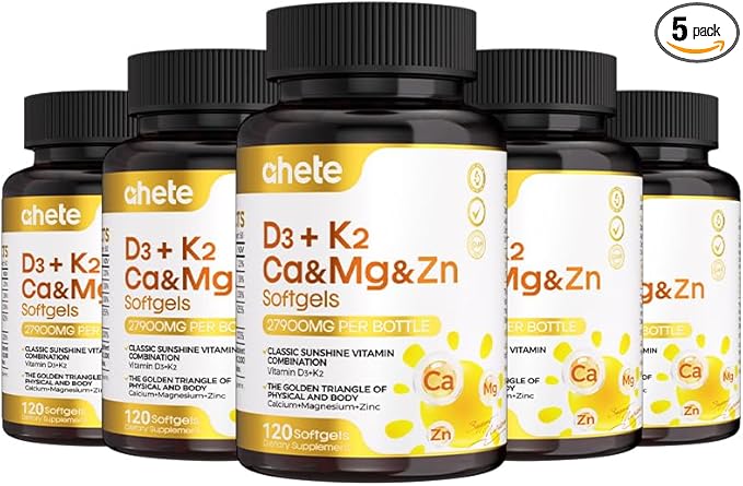 Vitamin D3 K2 Magnesium 10000 IU 120 mcg K2 Capsules 60 Count (Packs of 5) | with VIT B6 Zinc &amp Quercetin | D3K2 Supports Superior Absorption Energy Immune Muscle Health for Men &amp Women