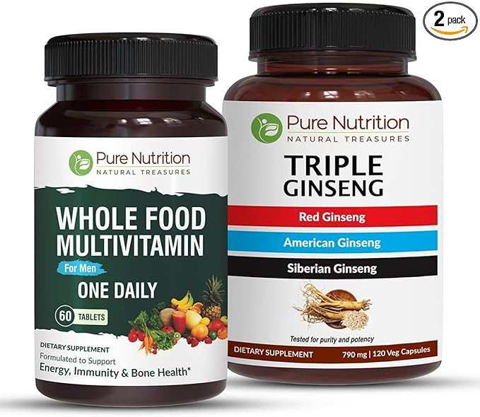Pure Nutrition Whole Food Multivitamin for Men and Triple Ginseng 790mg form a powerful combo to support support energy strength and overall wellness. Multivitamin for men 60 Tabs + Triple Ginseng 12