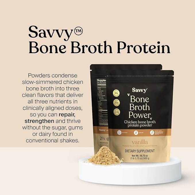 SAVVY Bone Broth Power Vanilla Protein Powder – 22g Protein 12g Collagen Glutamine MCTs – Bone Broth for Muscle Joint Digestive &amp Skin Health – Dairy-Free Keto – 560g (16 Servings)