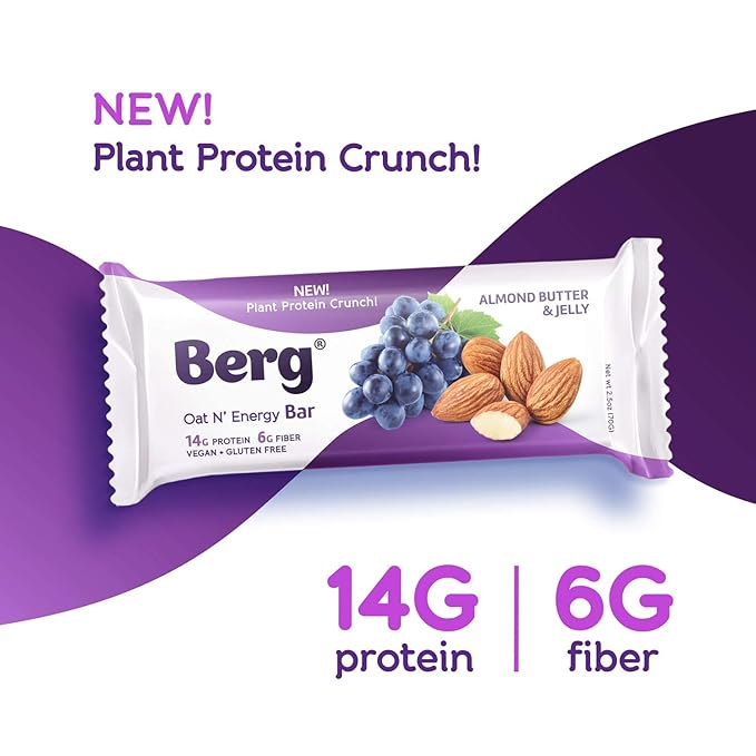Berg Oat N' Energy Bar | Almond Butter Jelly | Plant Based Protein Bar | Non-GMO Gluten Free Nut Free and Vegan | Low Sugar Healthy Snack Bar | High Fiber | On The Go | 2.5oz (8 Packs)