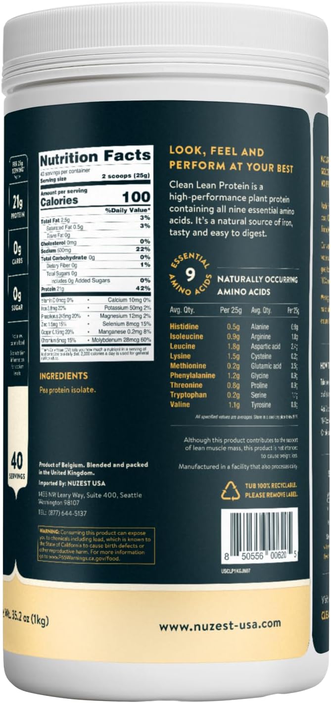 Nuzest Vegan Pea Protein Powder - Clean Lean Protein 40 Servings 20g Protein Unflavoured Protein Shake Mix + Sports Shaker Bottle 24oz