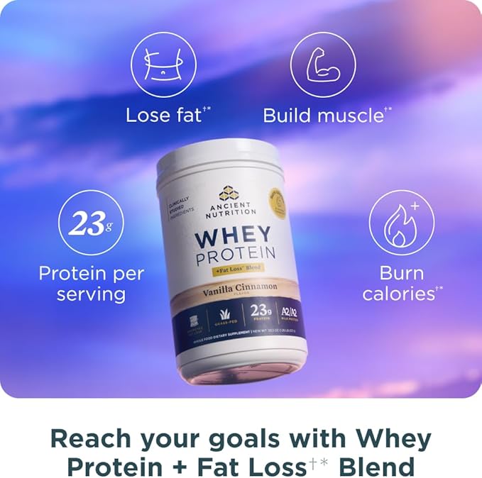 Ancient Nutrition Grass Fed Whey Protein + Fat Loss Blend Vanilla Cinnamon 23g Protein Promotes Fat Loss and Boost Metabolism Organic Regenerative A2/A2 Milk Protein18 Servings