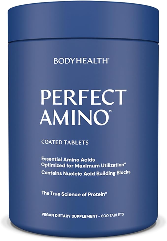 BodyHealth PerfectAmino (600 ct) Easy to Swallow Tablets Essential Amino Acids Supplement with BCAAs Vegan Protein for Pre/Post Workout &amp Muscle Recovery with Lysine Tryptophan Leucine Methio