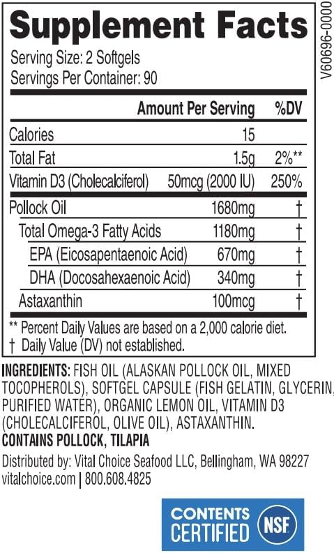 Vital Choice MSC Om3 Ultra+D Concentrated Omega-3 Fish Oil and Vitamin D3 Dietary Supplement 180 Softgels