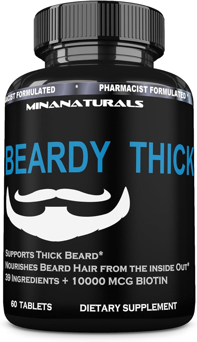BEARDY THICK Beard Growth Vitamins for Men B7 Biotin 10000 mcg Keratin Collagen Silica and 36 More. Beard Grow Thicker and Stronger Supplement. Facial Hair Growth Vitamin. 60 Tablets