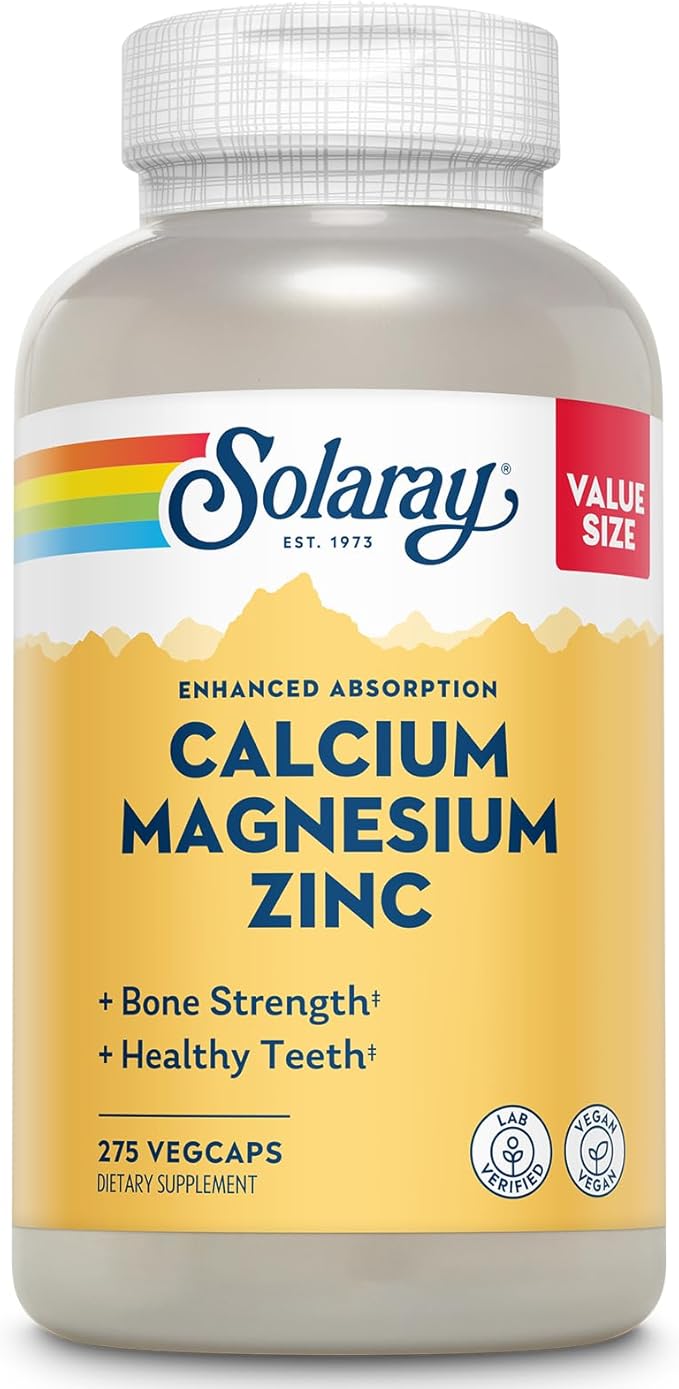 SOLARAY Calcium Magnesium Zinc Supplement - with Calcium 1000mg Magnesium 500mg - Bone Health Muscle Function Heart Health and Immune Support - Vegan 60 Day Guarantee 68 Servings 275 VegCaps