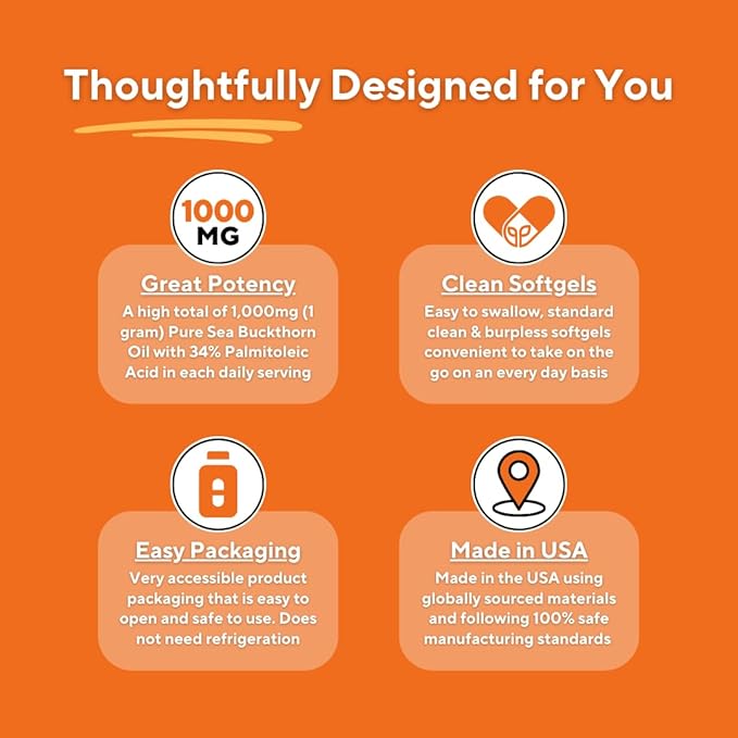 Omega 7 Sea Buckthorn Berry Oil 1000mg for Hair Skin Nails Heart Health Support - 34% Palmitoleic Acid &amp Natural Omega 3 6 9 Fatty Acids Supplement - 120 Capsules Non-GMO Gluten-Free