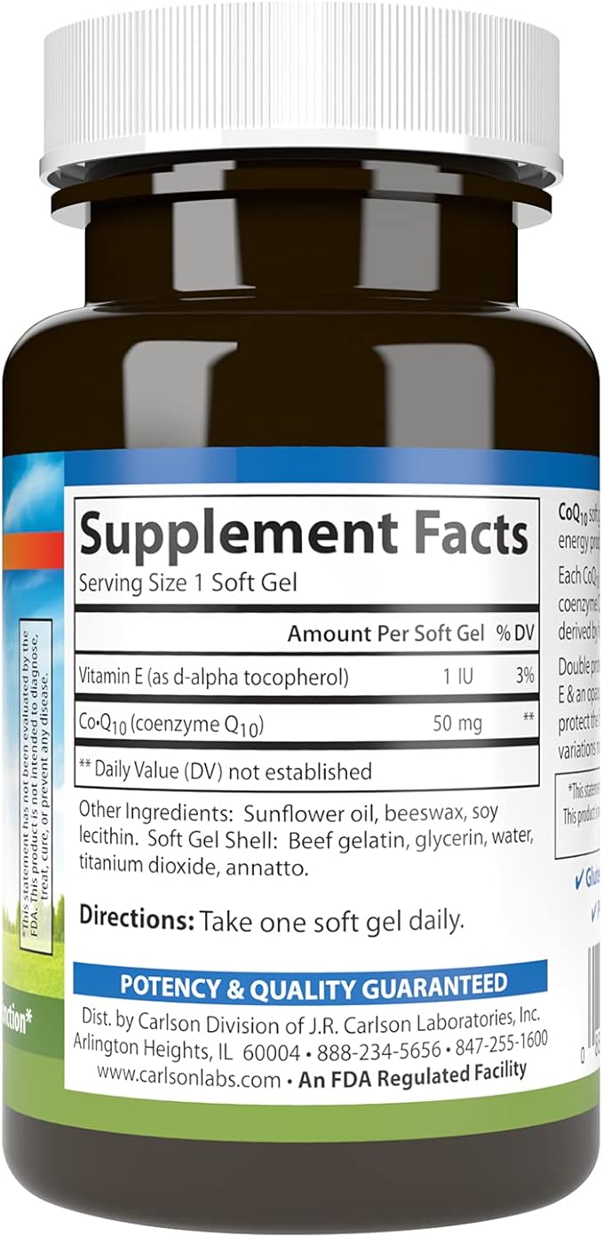 Carlson - Co-Q10 Co-Enzyme Q10 50 mg Energy Production &amp Heart Function 120 Softgels