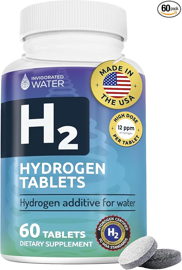 Invigorated Water Hydrogen Water Tablets with Magnesium - 12 PPM H2 Molecular Hydrogen Tablets for Drinking Water - Supports Energy Brain &amp Cognitive Health - Non-GMO (60 Servings Unflavored)