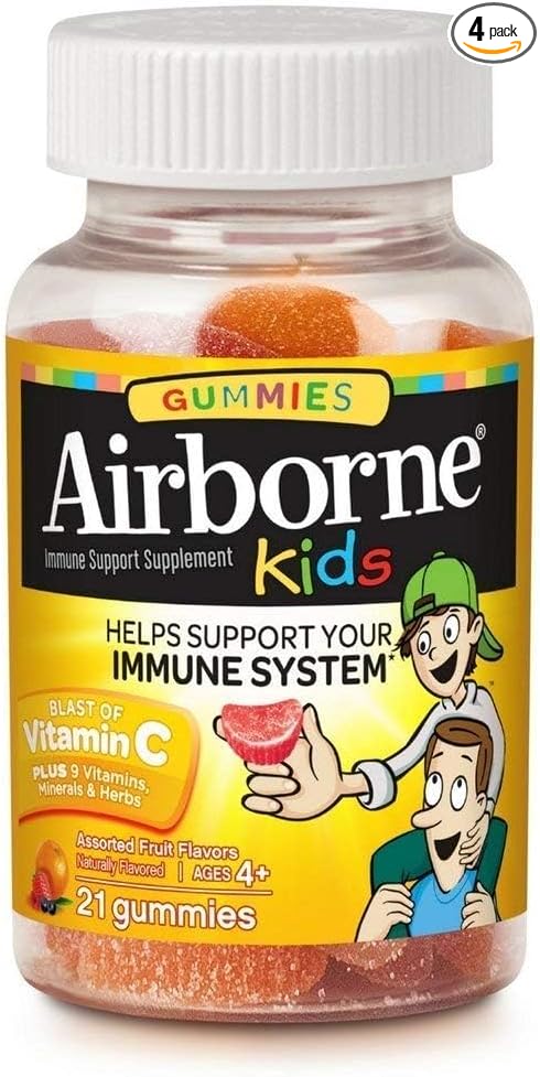 Airborne 500mg Vitamin C Immune Support Zinc Gummies for Kids Assorted Fruit Flavor Gluten Free Crafted Blend with Powerful Antioxidants Vitamins C &amp E 21 Gummies (4 Pack)
