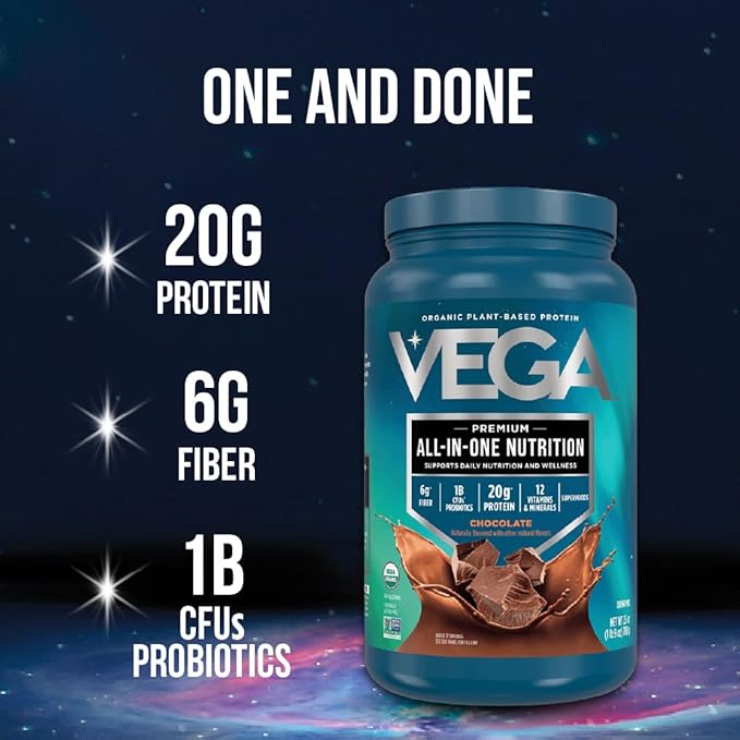 Vega Organic All-in-One Vegan Protein Powder Chocolate - Superfood Ingredients Vitamins for Immunity Support Keto Friendly Pea Protein for Women &amp Men 13.2 oz (Packaging May Vary)
