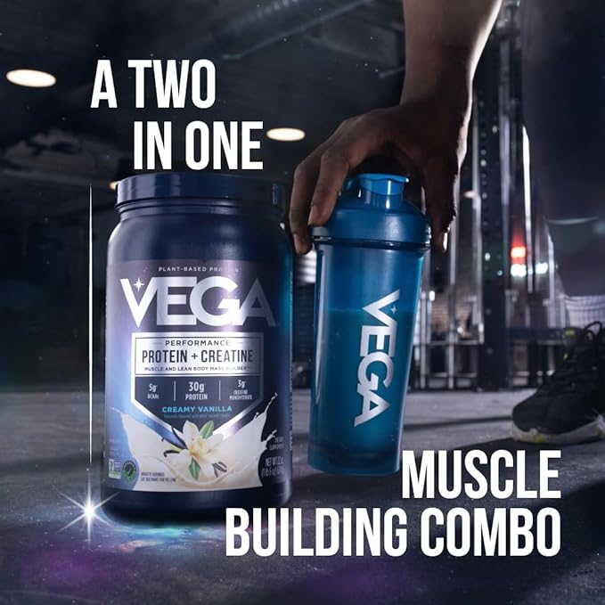 Vega Protein + Creatine - 30g Plant-Based Protein Vanilla 20 Servings 3g Creatine 5g BCAAs Vegan Keto Gluten Free Dairy Free Low Carb for Muscle Growth &amp Repair Drink Mix 33.9oz