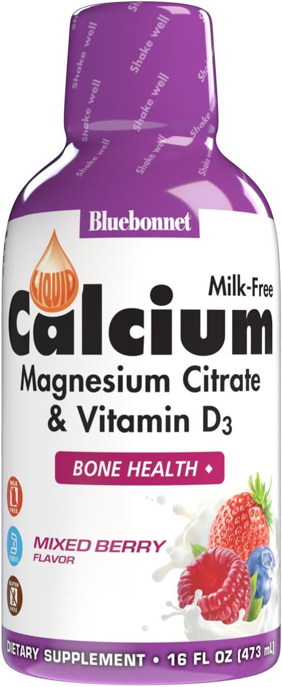 BlueBonnet Nutrition Liquid Calcium Citrate Magnesium Citrate Vitamin D3 Bone Health Gluten Free Soy Free Milk Free Kosher Blueberry and Mixed Berry Combo