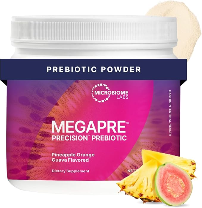 Microbiome Labs MegaPre Prebiotic Fiber Powder for Women Men &amp Kids - Pineapple Orange Guava Prebiotic Fiber Supplement Powder with Clinically Tested Oligosaccharides for Microbial Support (5.1 O