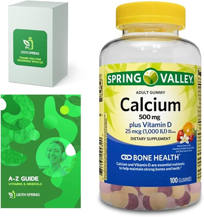 Calcium Plus Vitamin D Adult Gummies 500 mcg 1000 IU Assorted Flavors 100 Ct Bundle with Exclusive Vitamins &amp Minerals - A to Z - Better Ligth&ampSpring Guide (2 Items)