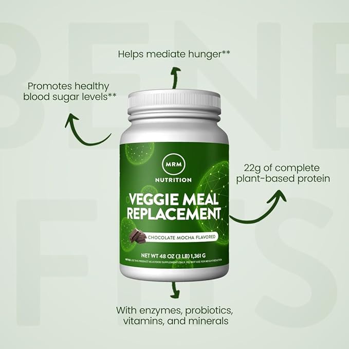 MRM Nutrition Veggie Meal Replacement Protein - Chocolate Mocha Flavored 22g Vegan Protein for Women &amp Men Macronutrient Formula with Enzymes &amp Amino Acids - 28 servings