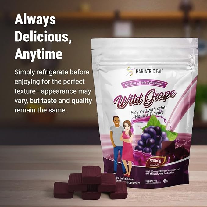 BariatricPal Sugar-Free Calcium Citrate Soft Chews | 500mg with Vitamin D &amp Probiotics | Wild Grape | 90 Count (1 Month Supply)