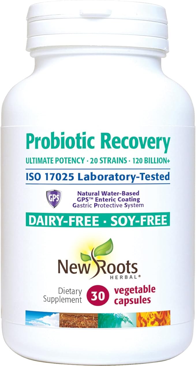 NEW ROOTS HERBAL Probiotics Recovery 20 Strains 120 Billion CFU – Dairy Free Soy Free - GPS™ enteric Coated for 100% delivery to The Intestines | Refrigerated (30 caps)