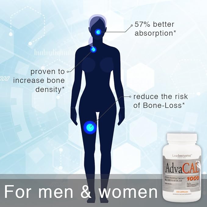 Lane Innovative - AdvaCAL 1000 Advanced Calcium Supplement Easy to Swallow Extra Small Capsule Supports Increased Bone Density (50 Servings)