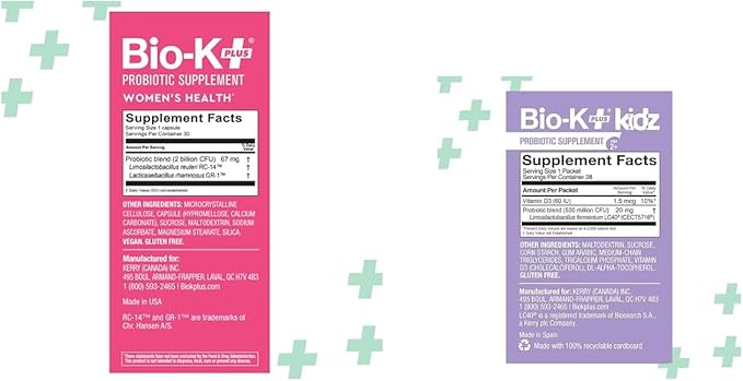 Bio K+ Women's Health Probiotic Bundle – Vaginal &amp Urinary Tract Support 2B CFU + Daily Probiotic for Kids with Limosilactobacillus fermentum LC40® Vitamin D3 28 Packets Non-GMO Gluten-Free