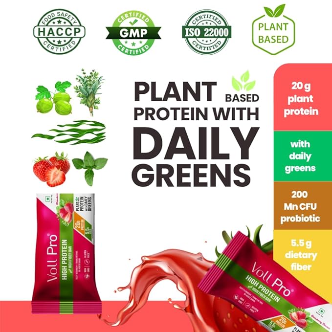 Voll Pro Plant Protein Bar with Daily Greens - High Protein 20g Fiber 5.5g 0g Sugar - Strawberry Flavour- Non-GMO- Gluten &amp Trans Fat Free-Crunchy Delicious Nutrient-Rich Protein Bars(50g X 12