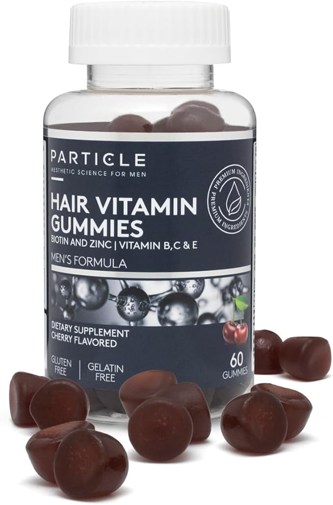 Particle Men’s Hair Gummies Gluten Free &amp Vegan Supplement with Vitamin C Biotin Zinc &amp Vitamin B12 Men’s Daily Supplement for Hair &amp Wellness Support Cherry Flavor 60 Gummies 1 Mon
