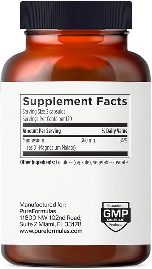 PureFormulas Magnesium Malate Capsules - Chelated Magnesium as DiMagnesium Malate - Highly Bioavailable Form to Support Energy Bone Health + Muscle Recovery malato de magnesio 360 mg - 240 Capsules