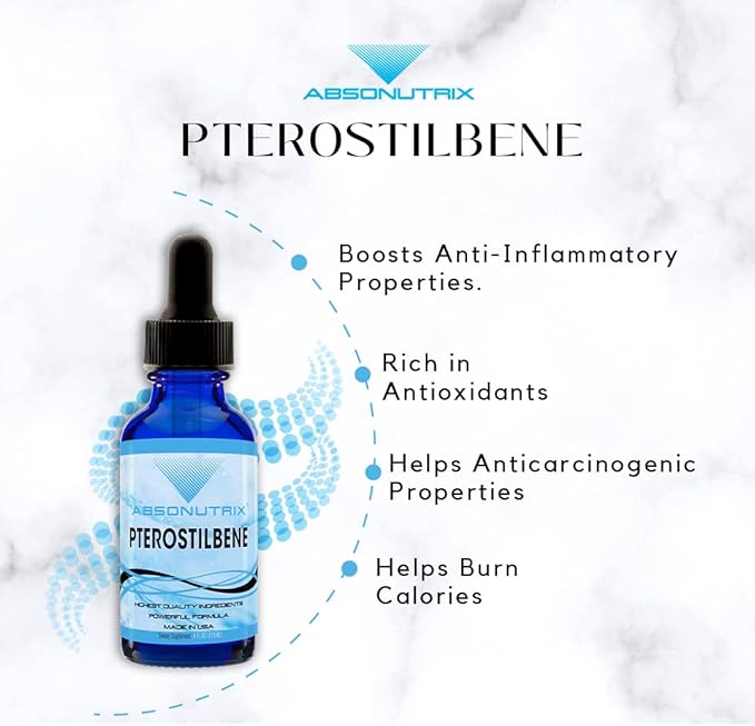 Absonutrix Pterostilbene 300 mg 4 Fl Oz Liquid Drops 200 Potent Servings High Bioavailability Third-Party Tested Quick Absorption GMP-Certified Non-GMO Cruelty-Free Products Made in USA