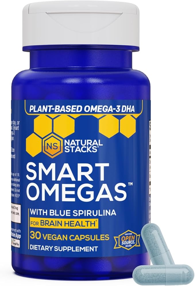 NATURAL STACKS Smart Omegas - Omega 3 Supplement w/ 200mg DHA &amp 200mg Blue Spirulina - Plant Based Algae Oil Omega 3 Supplement - Fish Oil Free Antioxidant Support - 30 Blue Spirulina Capsules