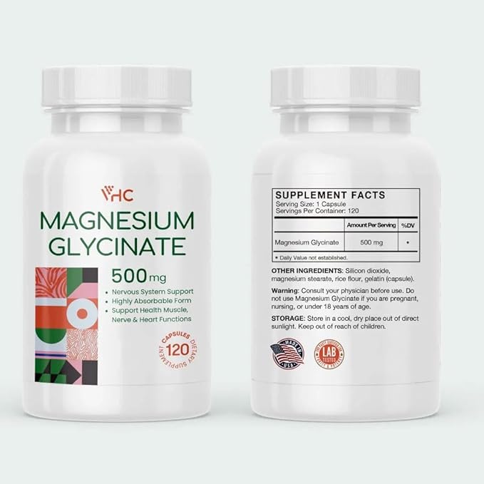 Magnesium Glycinate 500mg Supplement Capsules High Absorption- Gentle FormHighly Purified Magnesium Mineral Supplements for Women &amp Men Made in USA (2 Bottles)