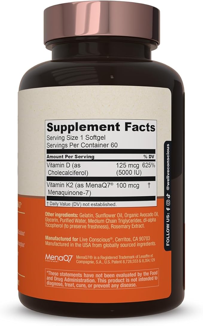 Live Conscious Vitamin K2 MK7 with D3 Supplement | Bone &amp Heart Health Support - Patented Vitamin K &amp Vitamin D3 5000 IU (2-Pack)