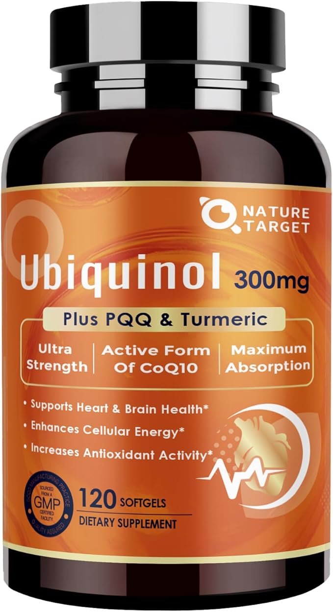 NATURE TARGET Ubiquinol CoQ10 300mg softgels with PQQ &amp Turmeric High Absorption Coenzyme Q10 Supplement with ALA &amp Black Pepper Antioxidant for Heart &amp Brain Health Energy Production
