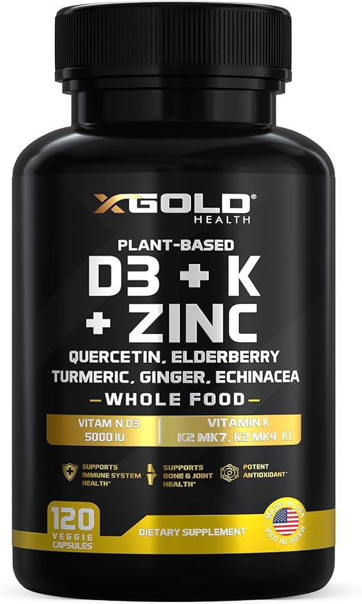Vitamin D K2 K1 Zinc Quercetin Elderberry Turmeric Ginger &amp Echinacea Whole Food Supplement 8 in 1- D3 5000 IU Plant-Based from Lichen Vitamin K (K2 MK7 MK4 K1) D3 K2 Vitamins -120 Caps
