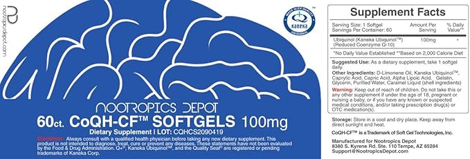 Nootropics Depot Ubiquinol CoQH-CF Softgels | 100mg Ubiquinol Supplement | 60 Count | Reduced CoQ10