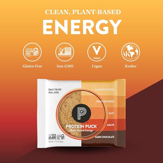 Protein Puck Plant Based Bars | Snacks with Vegan Protein | 16 Count | 3.25 oz Full Size | Gluten Free Non Dairy Kosher Certified Non GMO Premium Healthy Bars | Daily Bliss