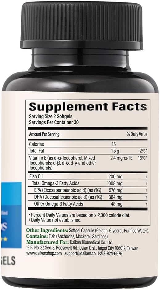 DAIKEN Mini Fish Oil 1200 mg rTG Omega 3 1000mg 60 Softgels High Absorption &amp Burpless Fish Oil for Healthy Heart Brain and Dry Eyes Support (Pack of 2)