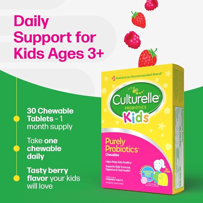 Culturelle Kids Chewable Daily Probiotic for Kids Ages 3+ 30 Count #1 Pediatrician-Recommended Brand Natural Berry Flavored Daily Probiotics for Digestive Health Oral Care &amp Immune Support