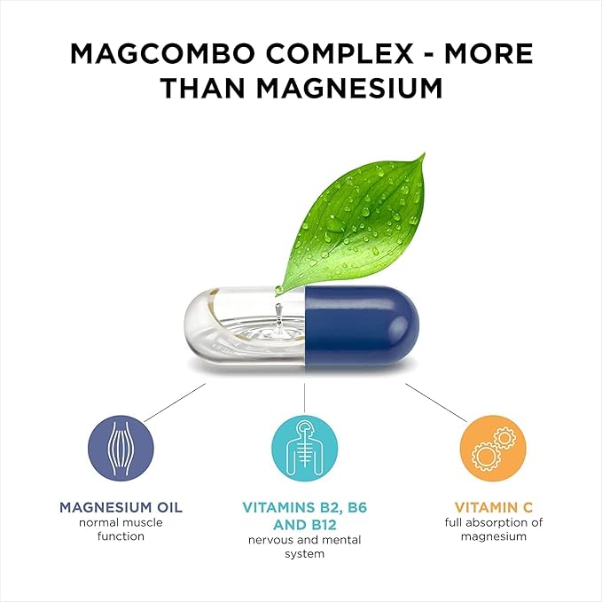 MagCombo - Concentrated Pure Magnesium Special Oil Formula with Maximum Absorption for Leg Cramps Tensed Muscles Sleep enriched with Vitamins В2 В6 В12 and С only 1 Capsule Daily. (Pack of 1)