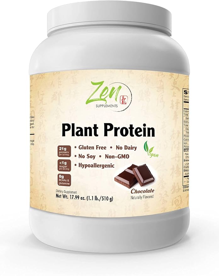 Zen Supplements - Plant Protein-Chocolate 510G 1.1LB -Powder - 23 Grams of Protein Per Serving -Vegan Low Net Carbs Non Dairy Gluten Free Lactose Free No Sugar Added Soy Free Kosher Non-GMO