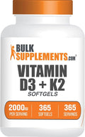 BulkSupplements.com Vitamin D3 + Vitamin K2 Softgels - D3 K2 Vitamin Supplement - Gluten Free 1 Softgel per Serving (2000IU) 365 Count (Pack of 1)