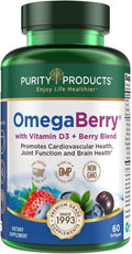 Purity Products OmegaBerry Fish Oil with Vitamin D3 and Organic Acai - 1250mg Concentrated Molecularly Distilled Ultra Pure Omega-3 Fish Oil 500mg DHA + 650mg EPA - 60 Soft Gels - 30 Day Supply from