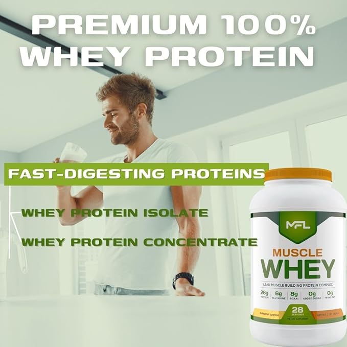 MFL Muscle Whey Protein l 28g of Protein l 8g BCAAs l Keto Friendly l Low Carbs l 2 lbs (Vanilla Bean)