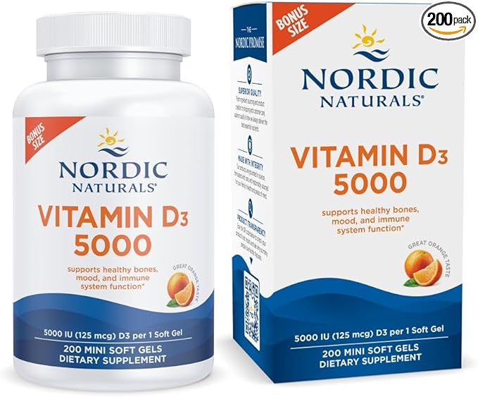 Nordic Naturals Vitamin D3 5000 Orange - 200 Mini Soft Gels - Support for Healthy Bones Mood &amp Immune System - Vegetarian - Non-GMO - 200 Servings