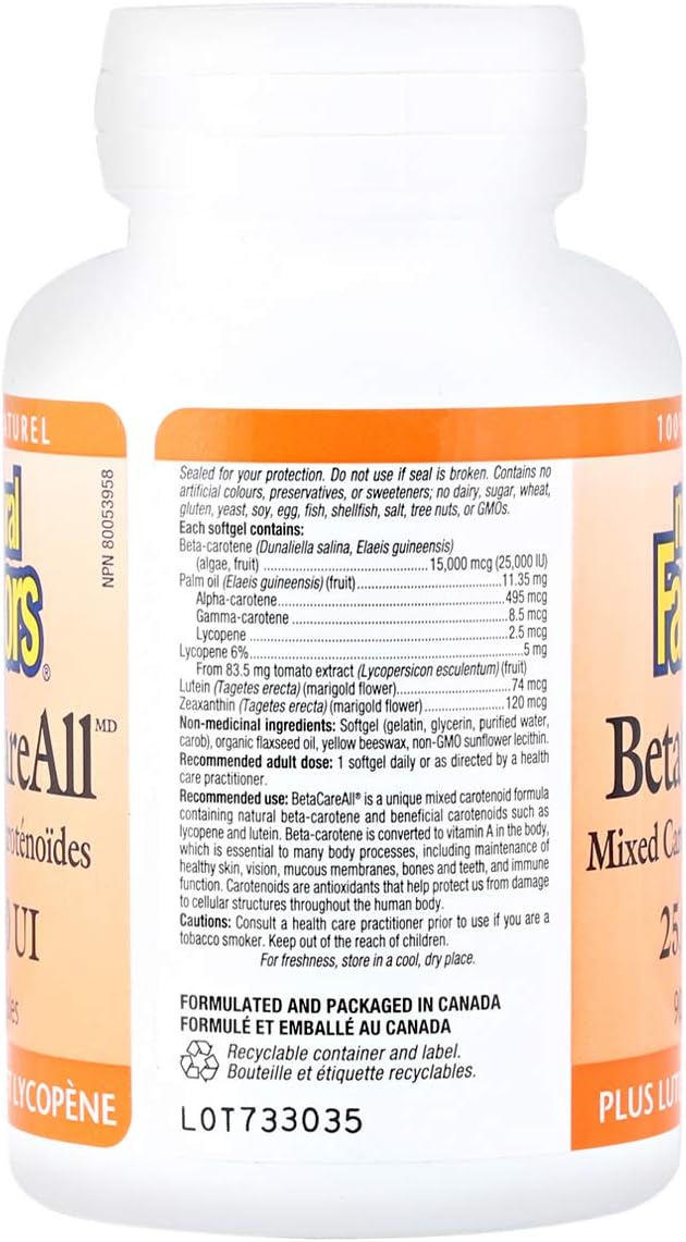 Natural Factors BetaCareAll 25000 IU Vitamin A for Healthy Skin Vision and Immune Function 90 Softgels
