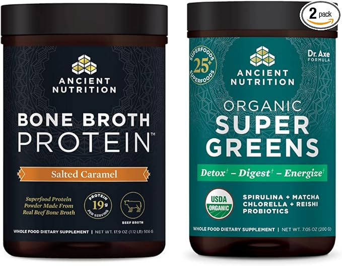 Ancient Nutrition Bone Broth Protein Powder Salted Caramel 20 Servings + Organic Supergreens Powder Greens Flavor 25 Servings