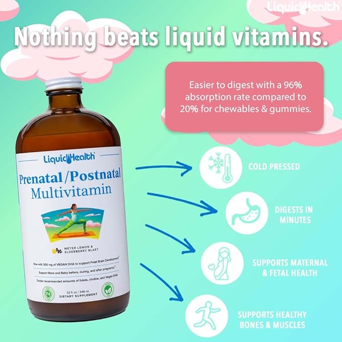 LIQUIDHEALTH Women's Health &amp Vitality Daily Liquid Multivitamin Bundle with Prenatal/Postnatal Multivitamin Calcium &amp Magnesium Daily Multi Mineral &amp Organic Vitamin B12 Drops - USA Ma
