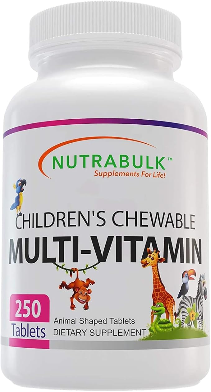 NutraBulk Children’s Chewable Multi-Vitamins - Promoting Kids' Overall Development - USA-Made May Help to Support Immune Bone Brain &amp Overall Well Being- Vegan &amp Gluten Free - 250 Cherry Ta